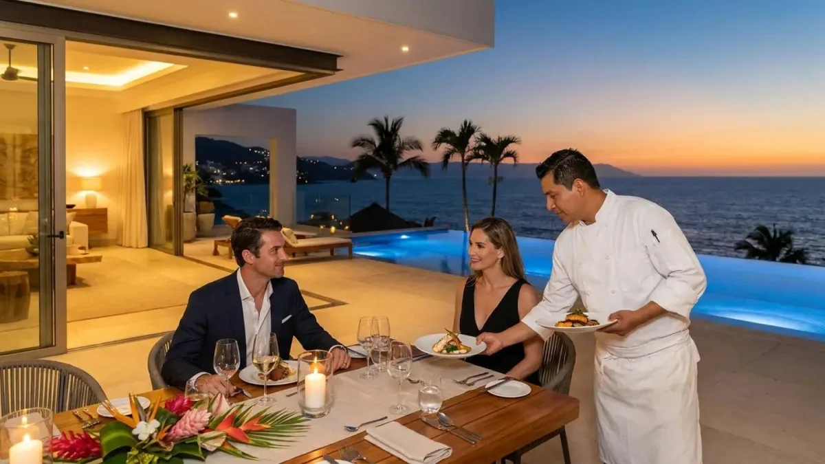 Chef privado sirviendo la cena a una pareja en la terraza de una villa de Puerto Vallarta mientras cae el sol