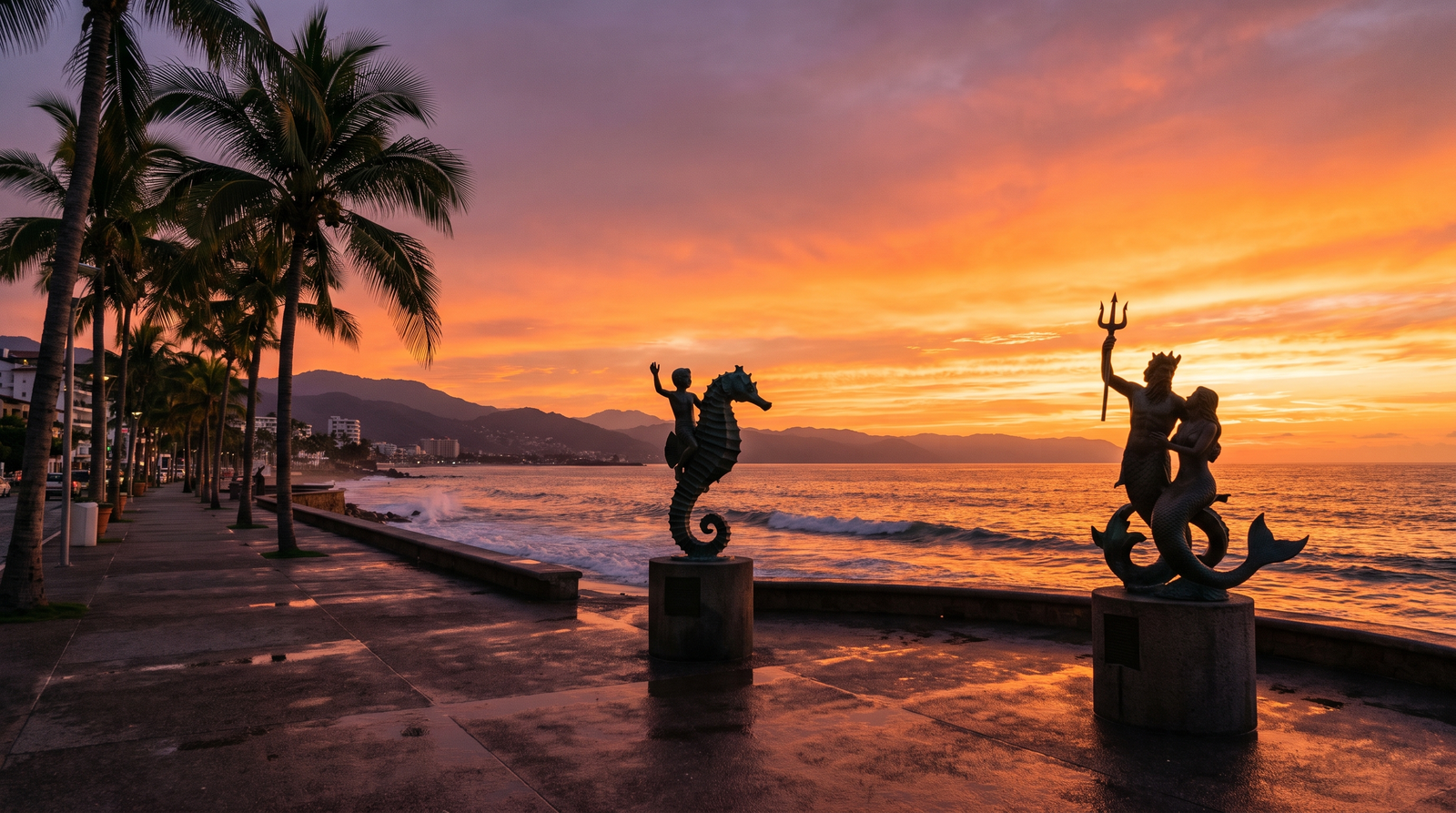 El Malecón de Puerto Vallarta al atardecer con sus esculturas frente al mar