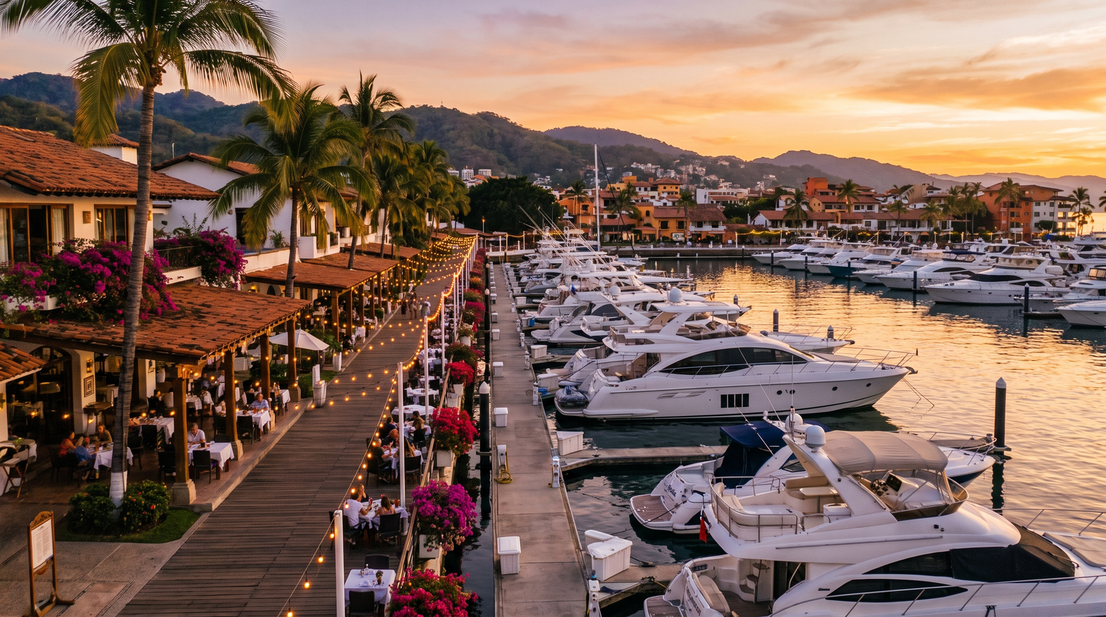 Restaurantes de mariscos frente al muelle en Marina Vallarta al atardecer