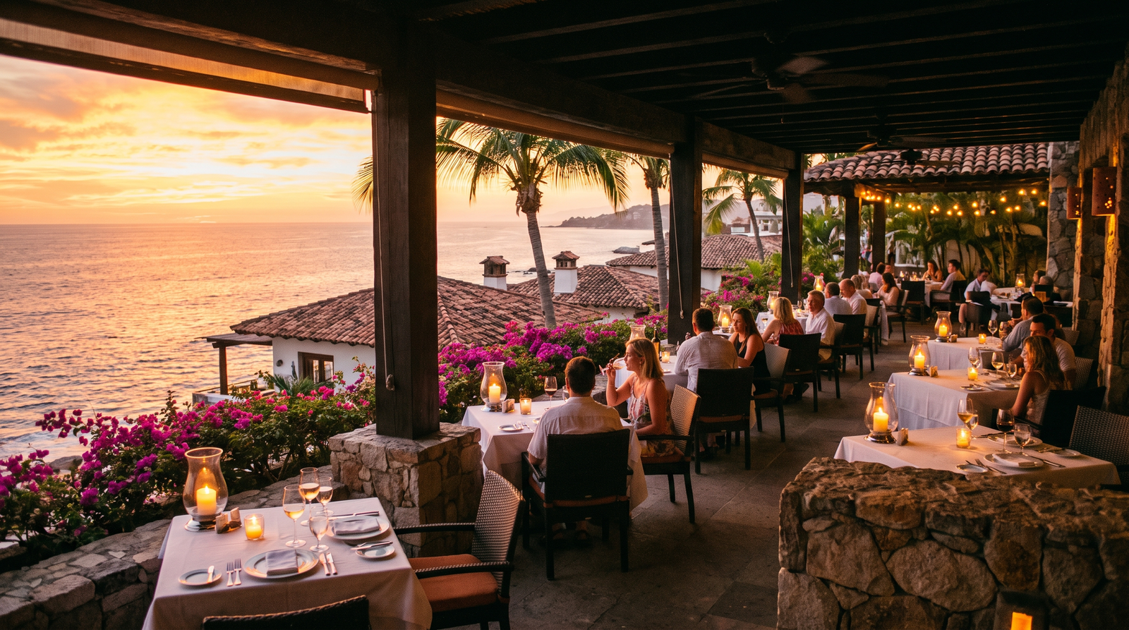 Guitarrista tocando en una terraza de restaurante frente a la Bahía de Banderas al atardecer