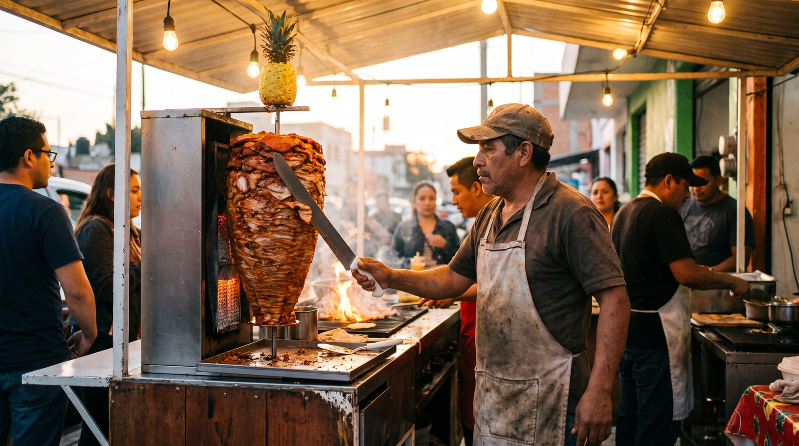 Puesto de tacos al pastor con trompo humeante en Puerto Vallarta